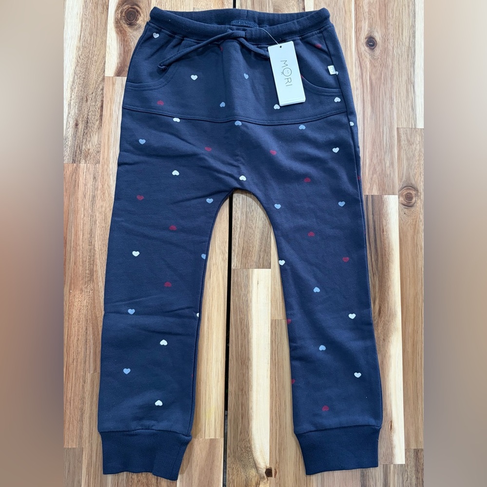 NWT MORI Heart Print Dark Blue Joggers Organic Cotton 3–4Y
